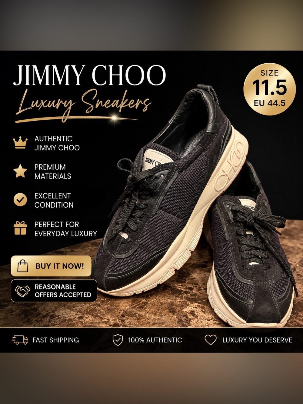 Jimmy Choo Men’s Black Luxury Sneakers Size 11.5 EU 44.5 Designer Shoes